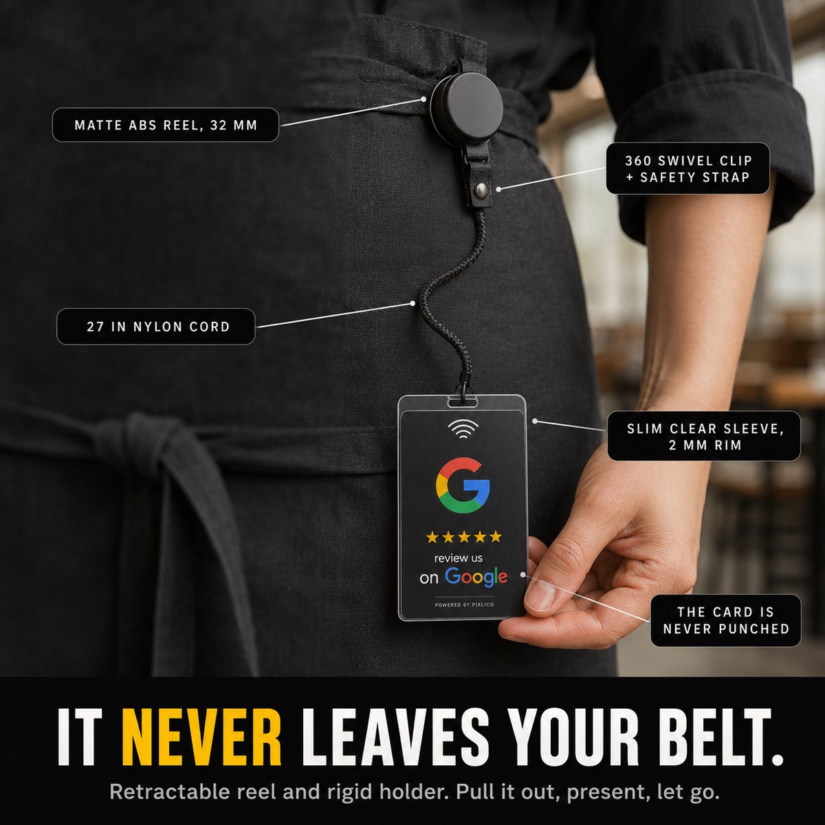 Retractable belt reel, braided nylon cord and slim clear sleeve holding the Google review card