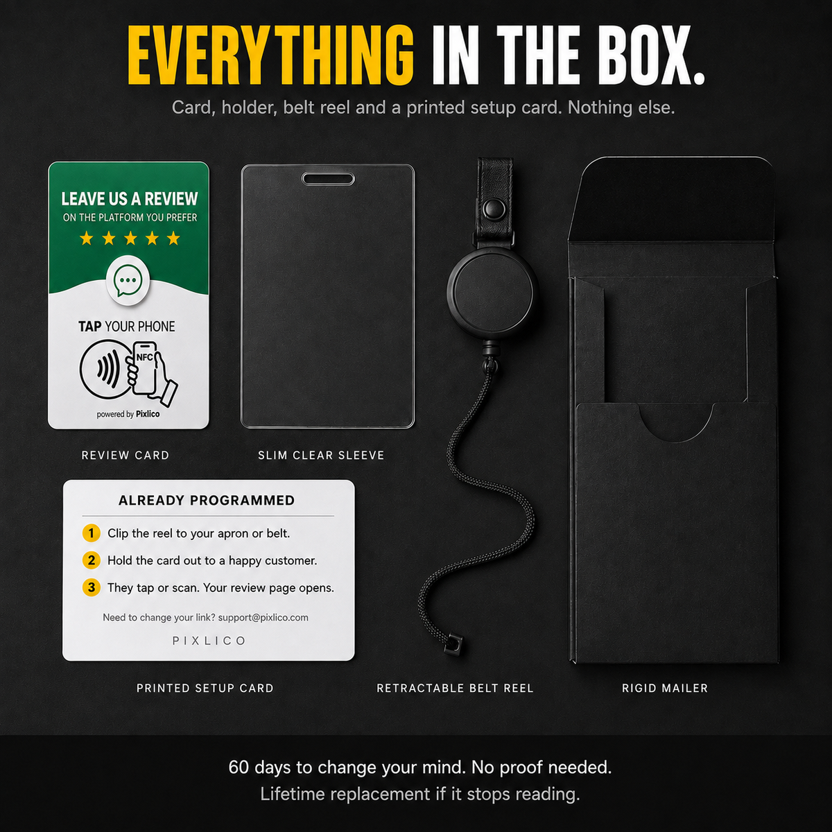 Everything in the box — review card, clear sleeve, retractable belt reel, printed setup card, rigid mailer