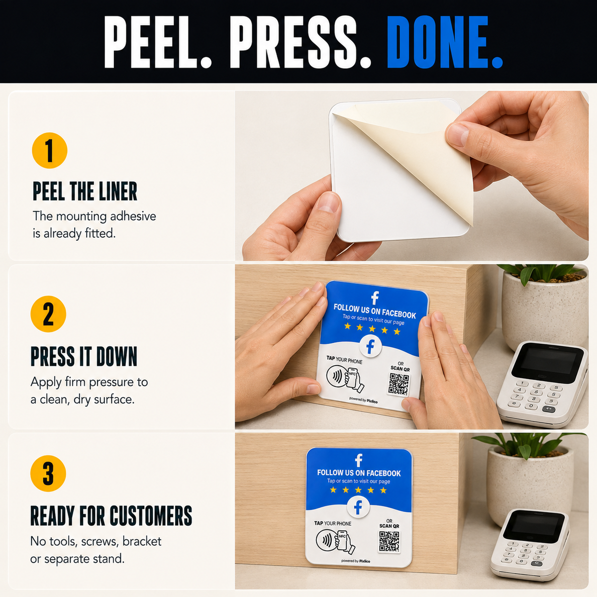 Peel, press, done: adhesive installation of the Pixlico Facebook plate, no tools needed