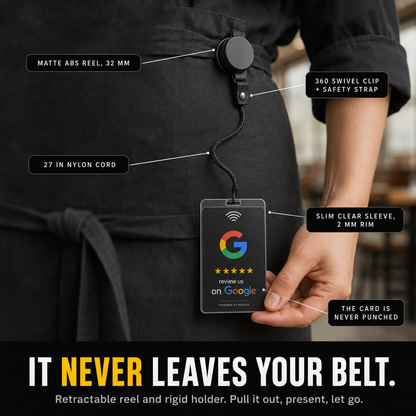 Retractable belt reel, braided nylon cord and slim clear sleeve holding the Google review card