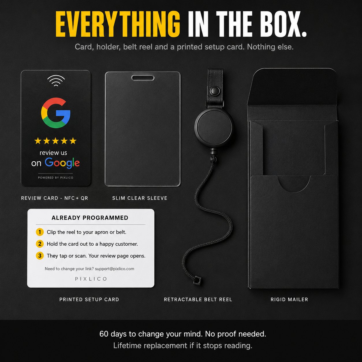 Everything in the box: Google review NFC card, clear sleeve, belt reel and printed setup card