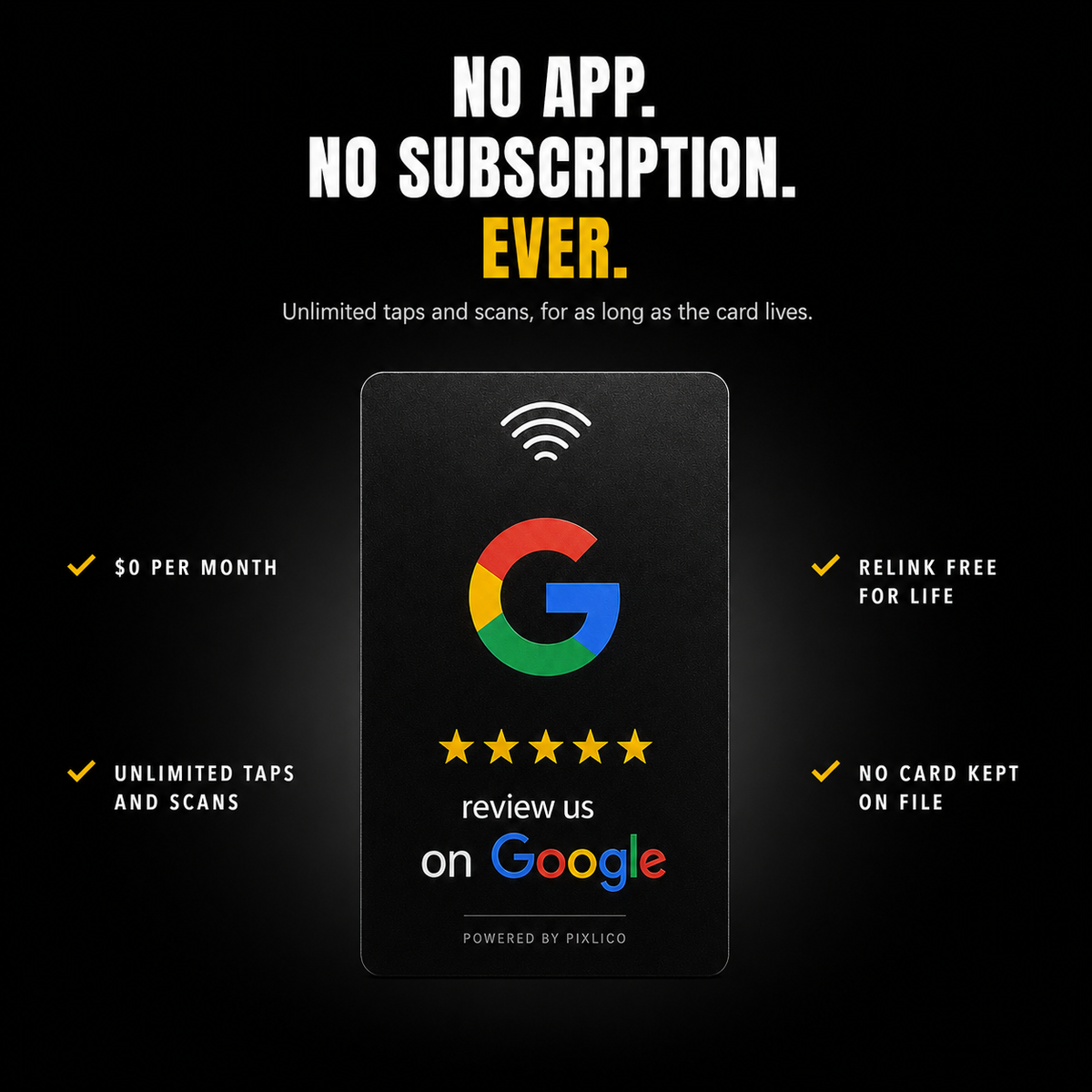 Pixlico NFC Google review card with no app and no subscription, unlimited taps and scans
