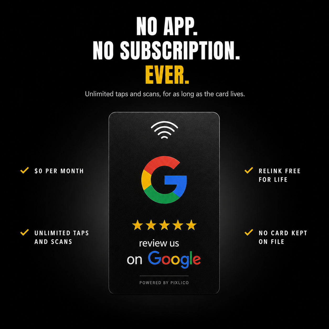 Pixlico NFC Google review card with no app and no subscription, unlimited taps and scans