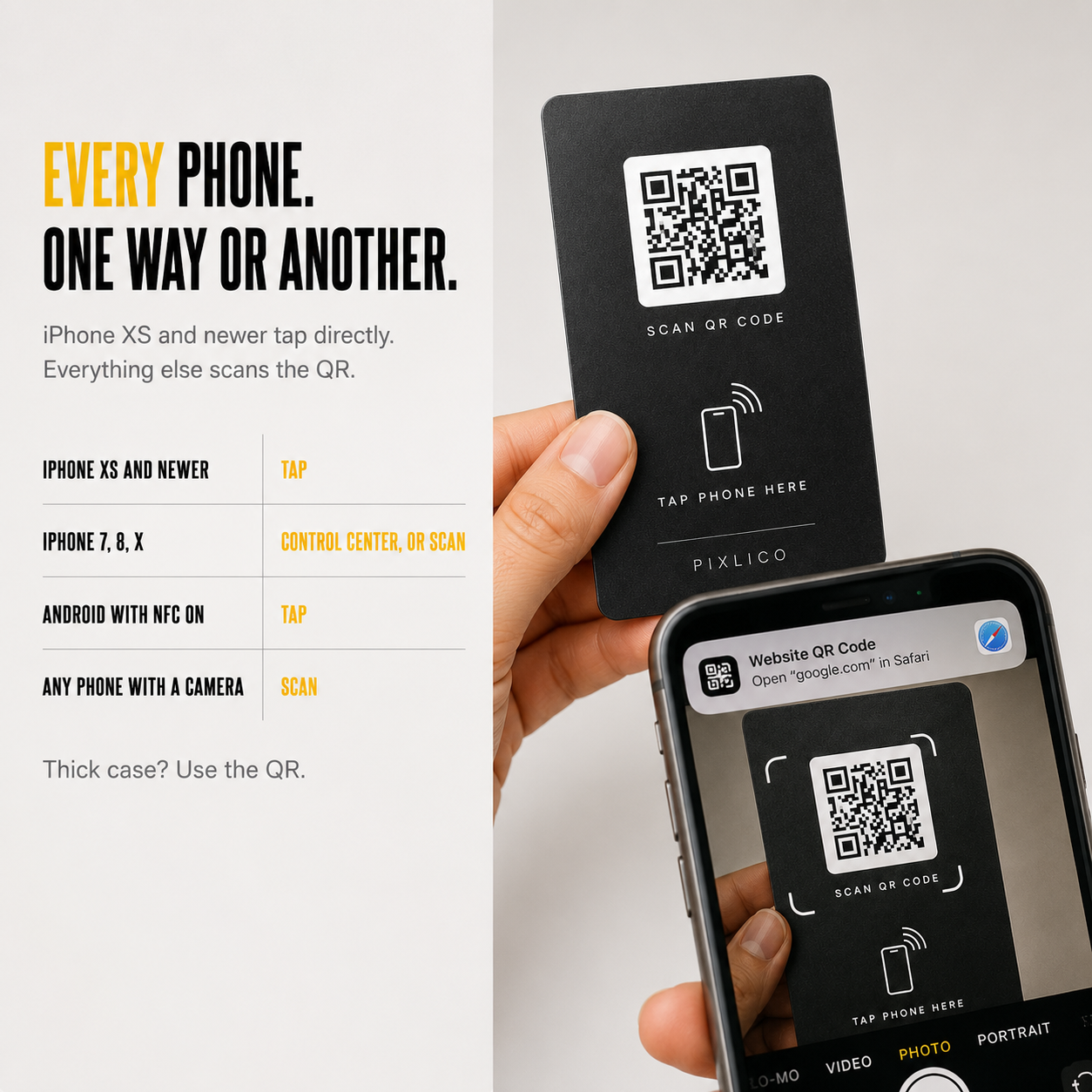 Phone compatibility chart for the NFC Google review card with printed QR code backup for every phone