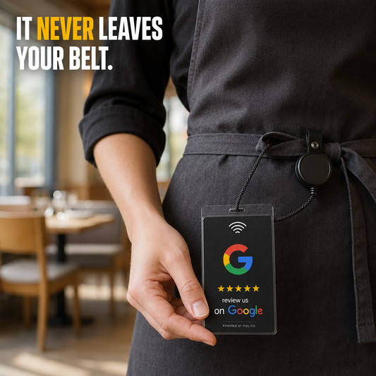 Restaurant server wearing the Pixlico NFC Google review card on a retractable belt reel