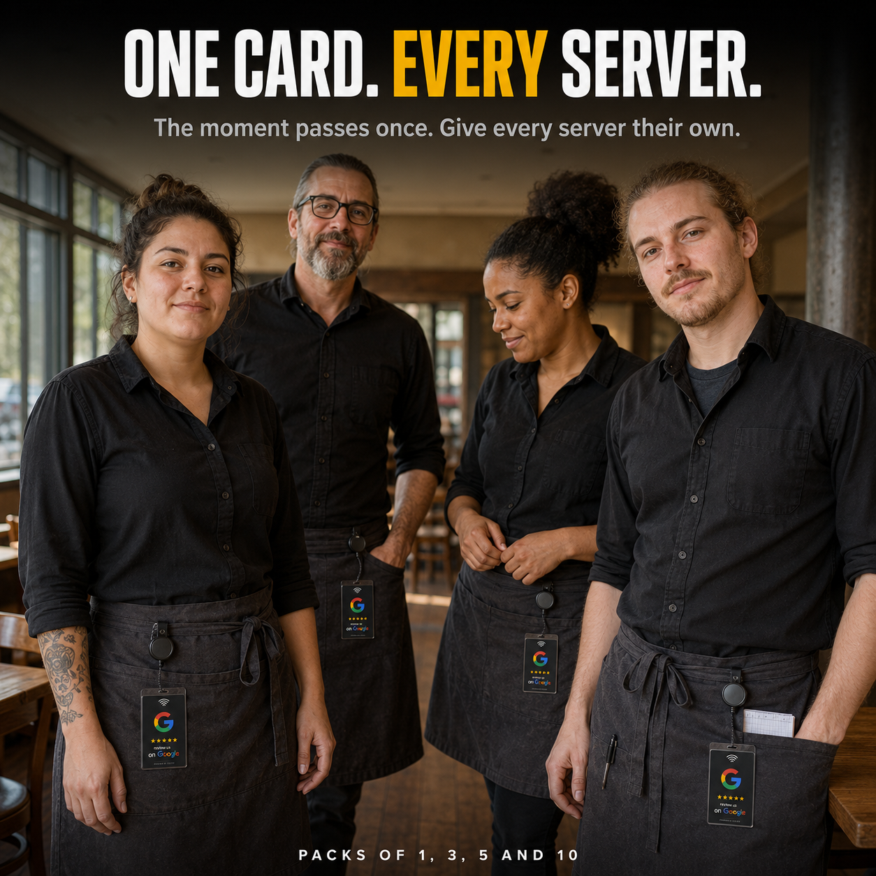 Four restaurant staff members each wearing a Pixlico Google review card on their apron belt reel