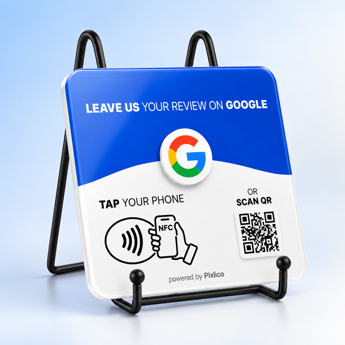 Google review NFC plate standing on the Pixlico black wire plate stand