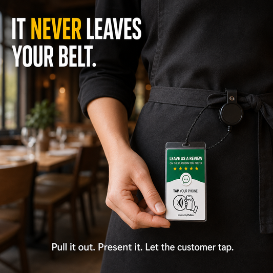 It never leaves your belt — pull it out, present it, let the customer tap