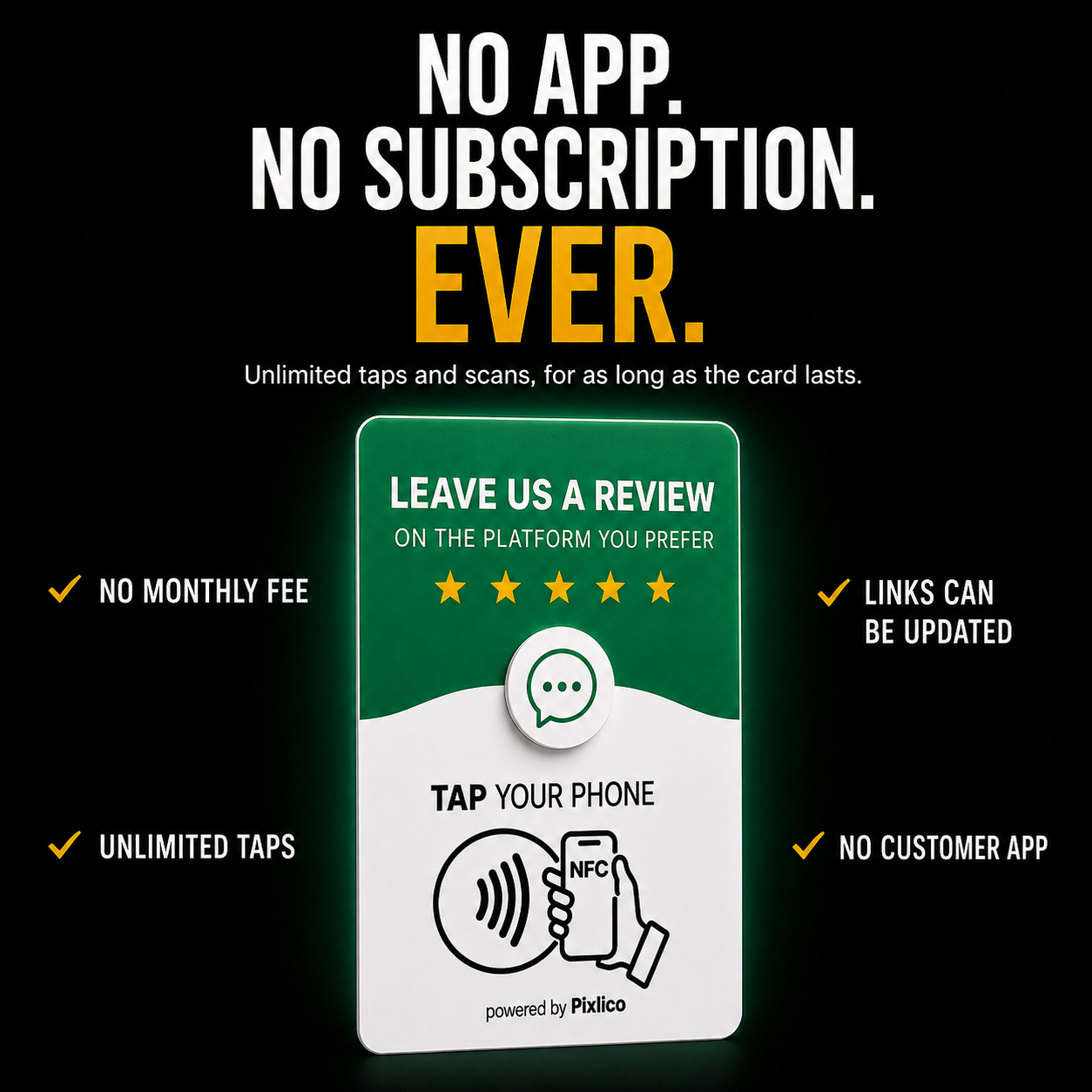 No app, no subscription, ever — unlimited taps and scans