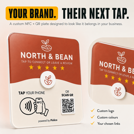 Pixlico Custom Plate — your brand, your logo and colours on an NFC + QR plate