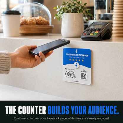 Customer tapping a phone on the Pixlico Facebook follow plate at a cafe counter