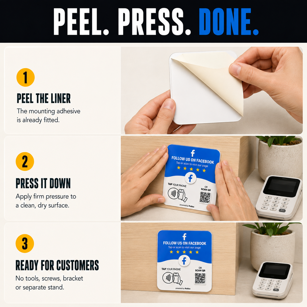 Peel, press, done: adhesive installation of the Pixlico Facebook plate, no tools needed
