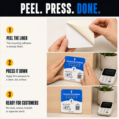 Peel, press, done: adhesive installation of the Pixlico Facebook plate, no tools needed