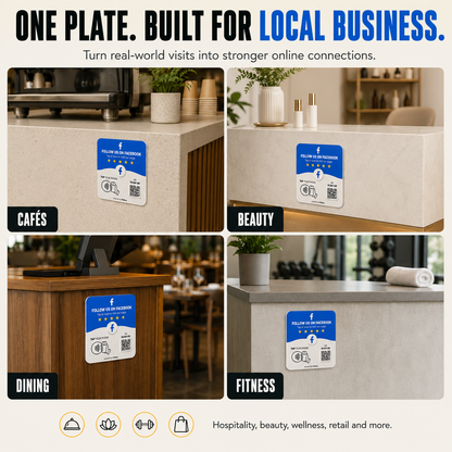 Pixlico Facebook plate on counters in cafes, beauty salons, restaurants and gyms