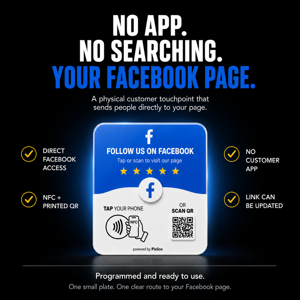 No app, no searching: direct Facebook access via NFC and QR, link can be updated
