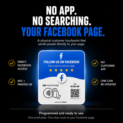 No app, no searching: direct Facebook access via NFC and QR, link can be updated