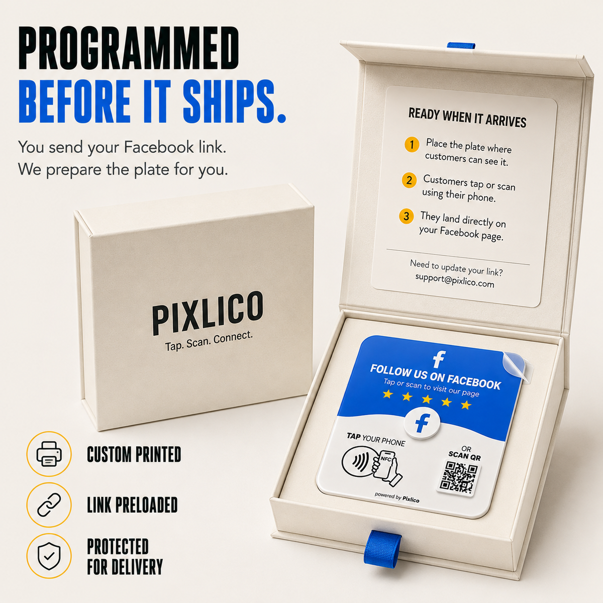 Pixlico Facebook plate programmed with your link before shipping in a protective box