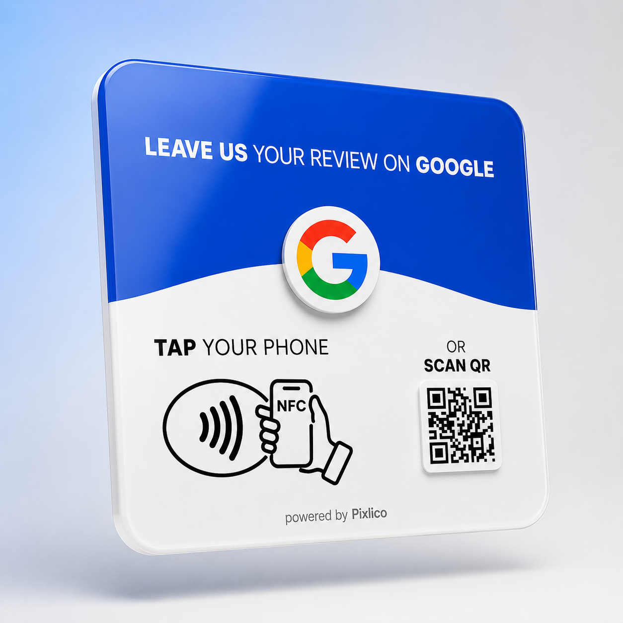 Pixlico Google review plate — NFC tap your phone or scan QR, cast acrylic with 3D Google logo
