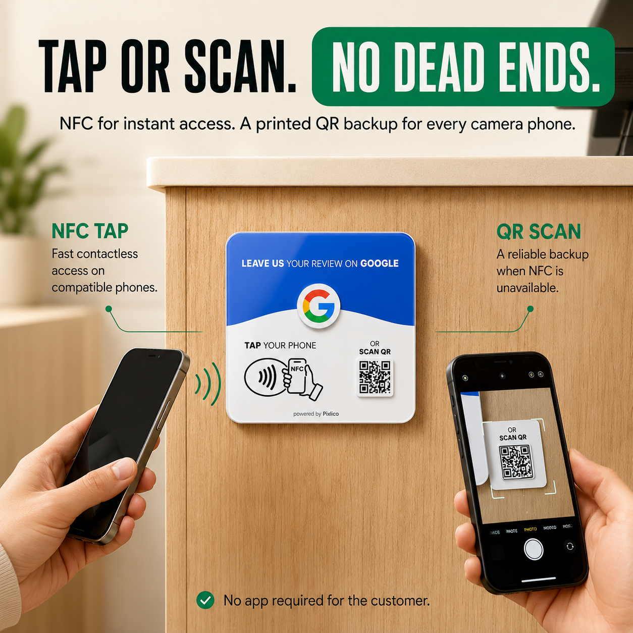Tap or scan no dead ends — NFC tap plus printed QR backup for every camera phone