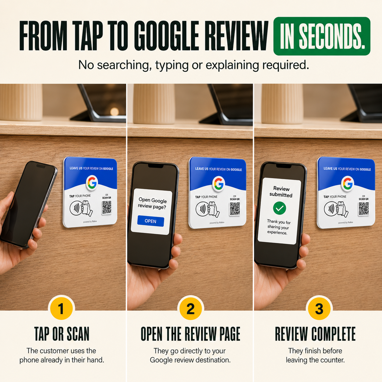 From tap to Google review in seconds — tap or scan then the review page opens
