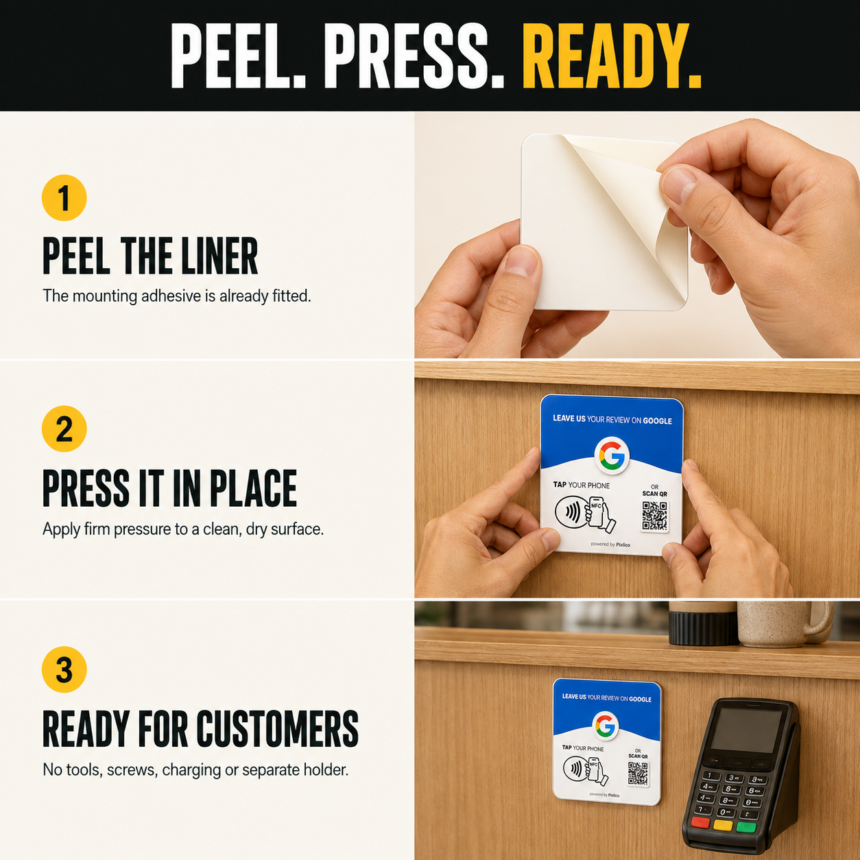 Peel press ready — fitted adhesive back installs in seconds with no tools