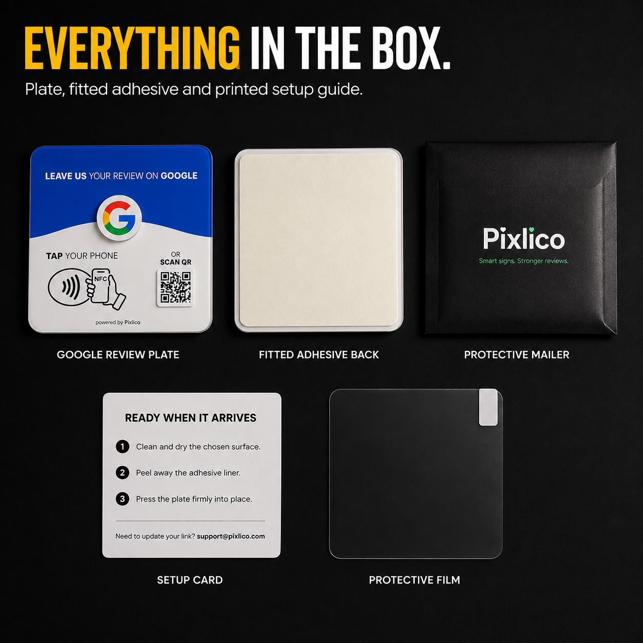 Everything in the box — plate fitted adhesive protective mailer setup card and film