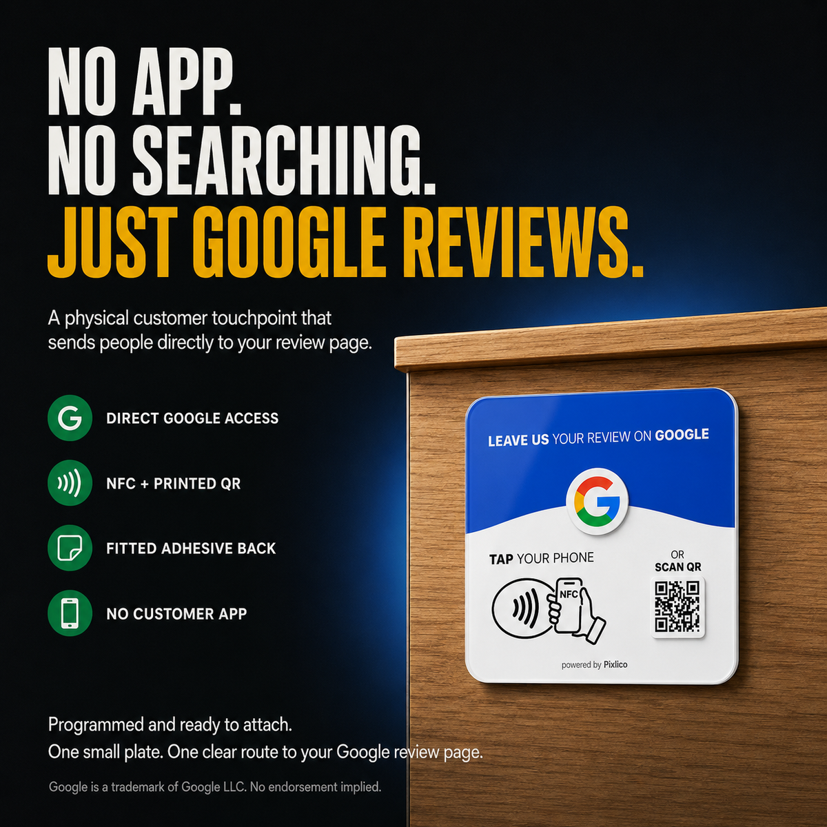 No app no searching just Google reviews — NFC plus QR programmed and ready to attach