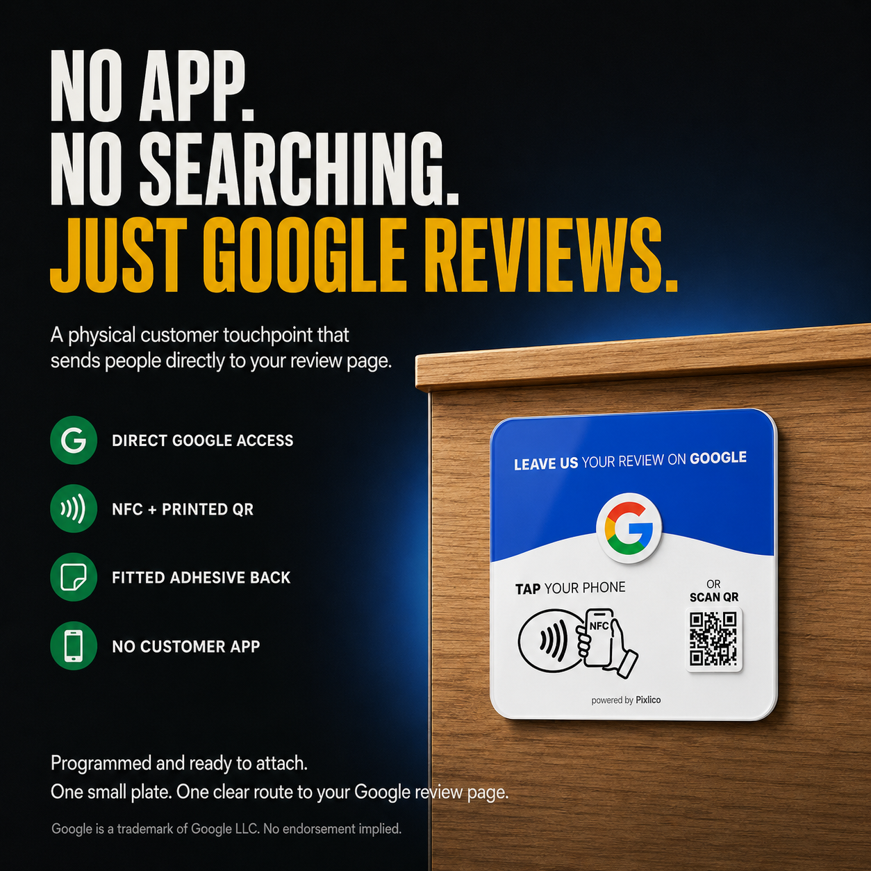 No app no searching just Google reviews — NFC plus QR programmed and ready to attach