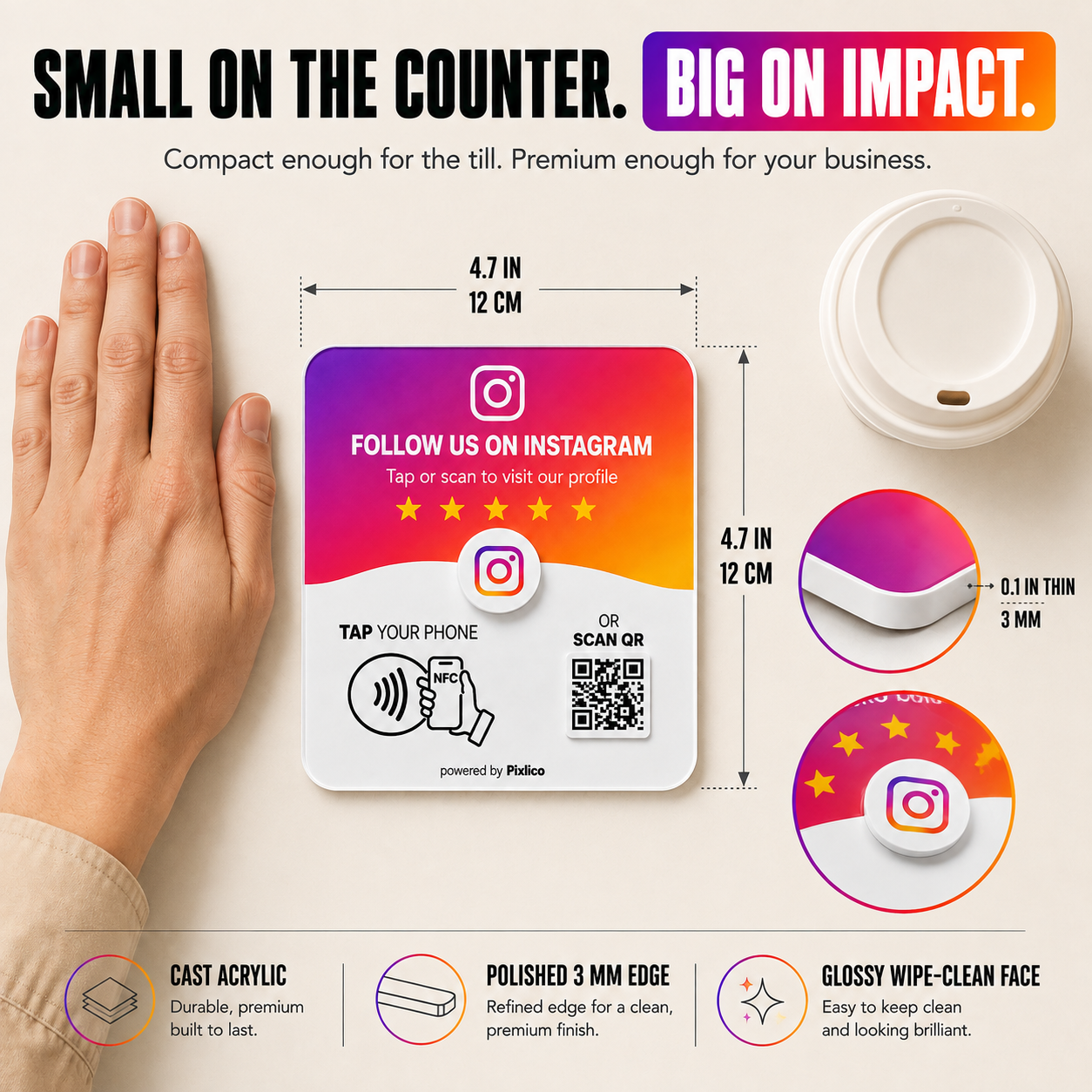 Pixlico Instagram plate dimensions: 4.7 in / 12 cm cast acrylic with polished 3 mm edge