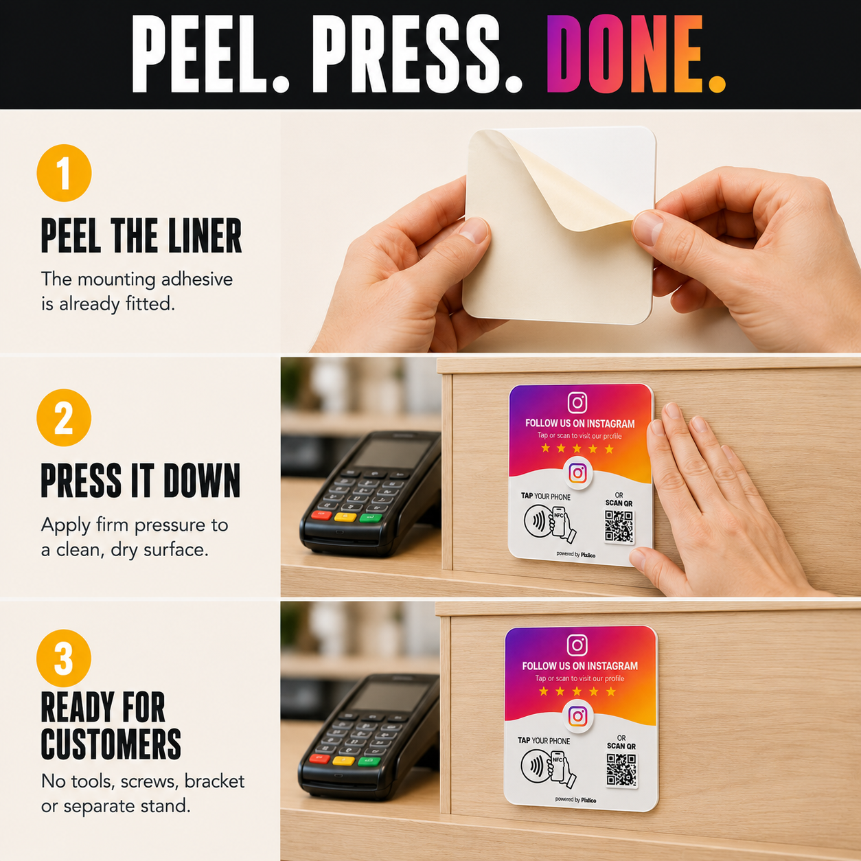 Peel, press, done: adhesive installation of the Pixlico Instagram plate, no tools needed