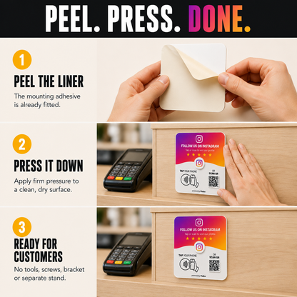 Peel, press, done: adhesive installation of the Pixlico Instagram plate, no tools needed