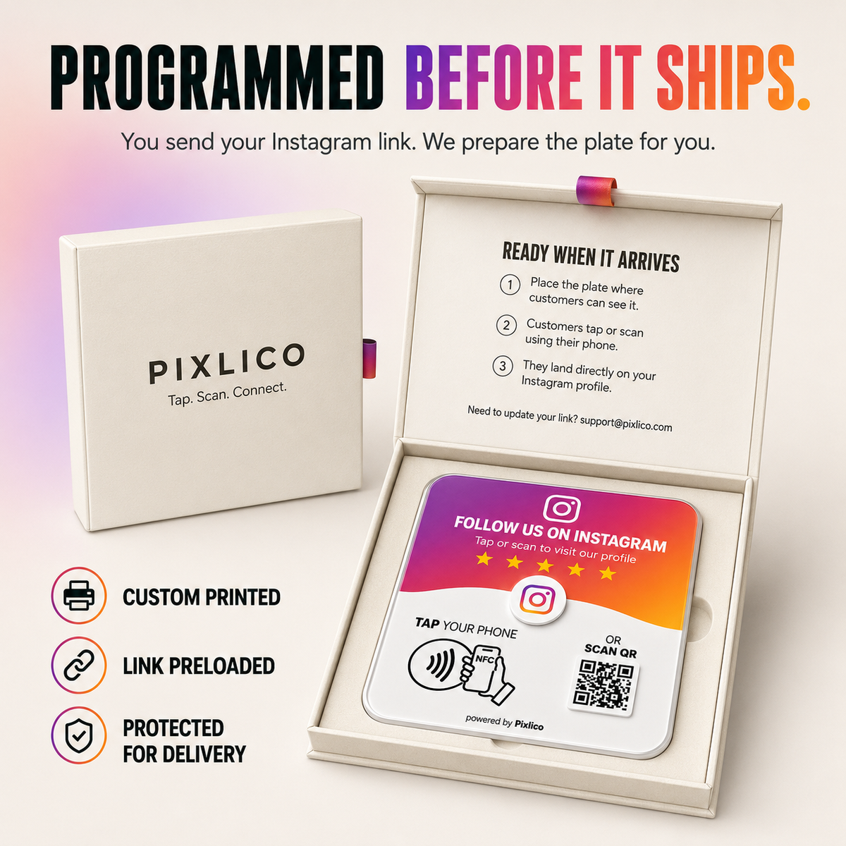 Pixlico Instagram plate programmed with your link before shipping in a protective box