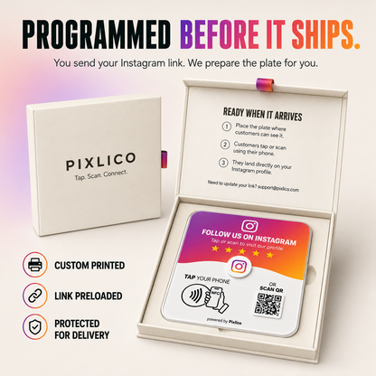 Pixlico Instagram plate programmed with your link before shipping in a protective box
