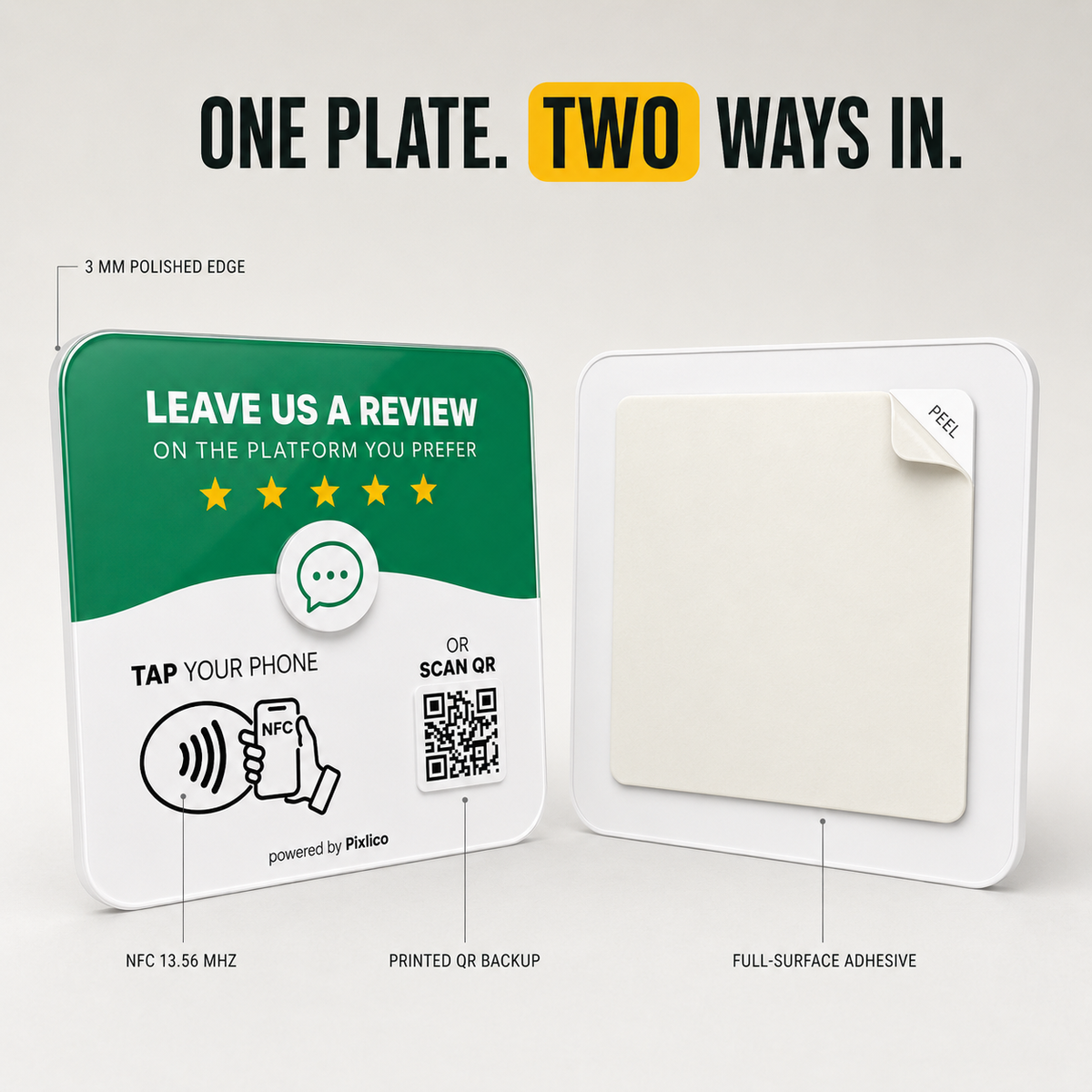 Front and back — NFC 13.56 MHz, printed QR backup, full-surface adhesive