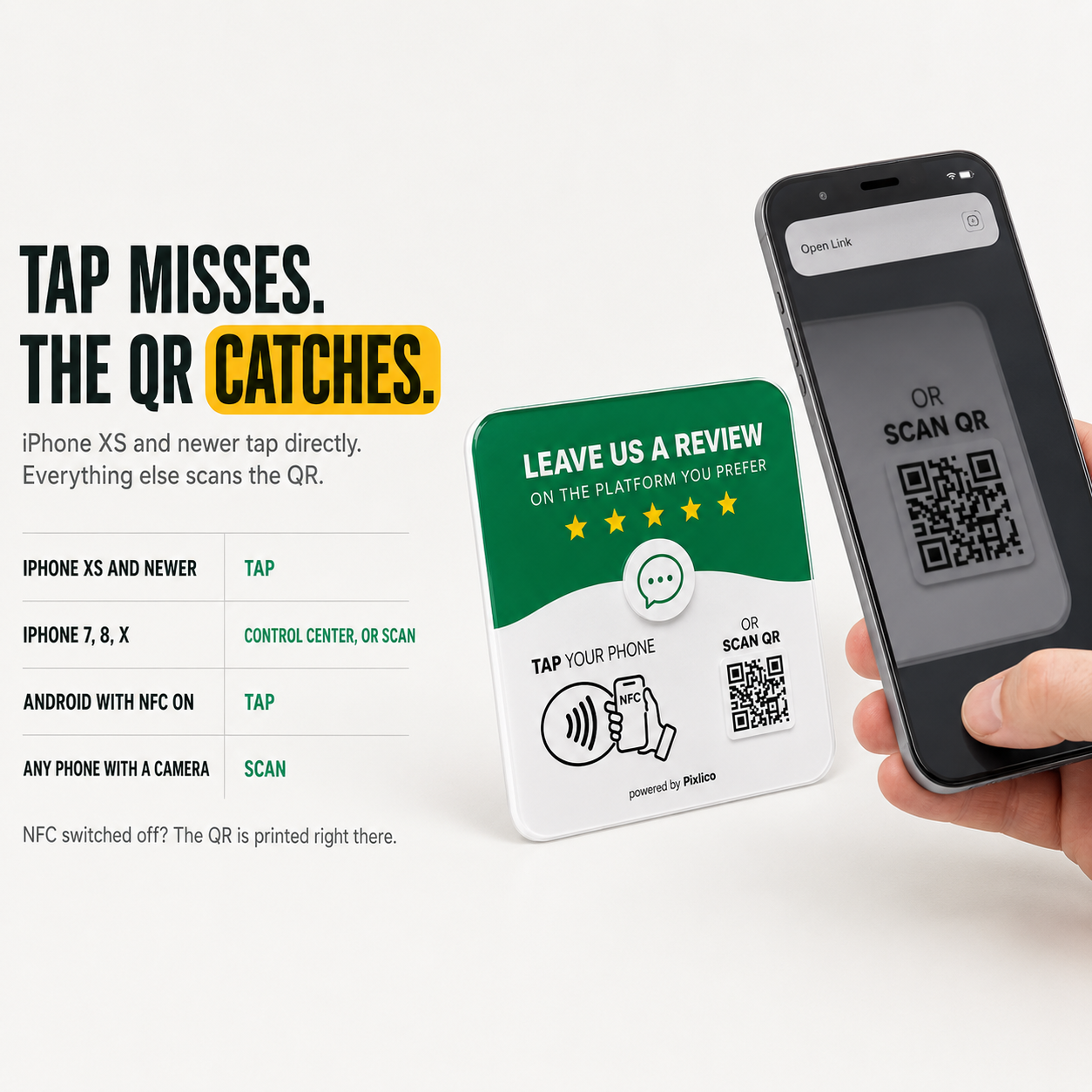 Tap or scan — works with iPhone and Android, QR backup for every phone