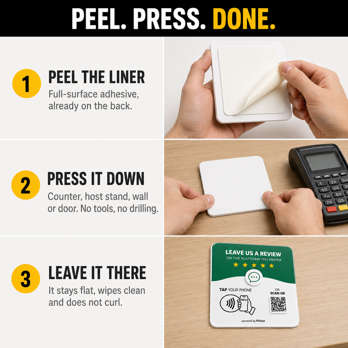 Peel, press, done — no tools, no drilling installation