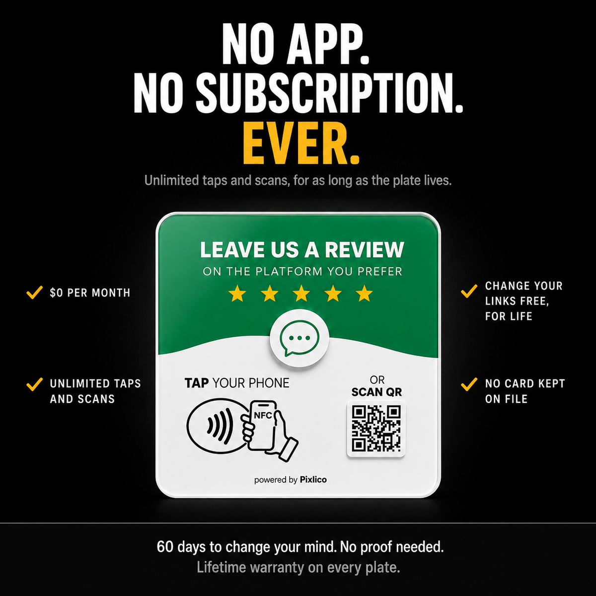 No app, no subscription ever — unlimited taps, free link changes for life