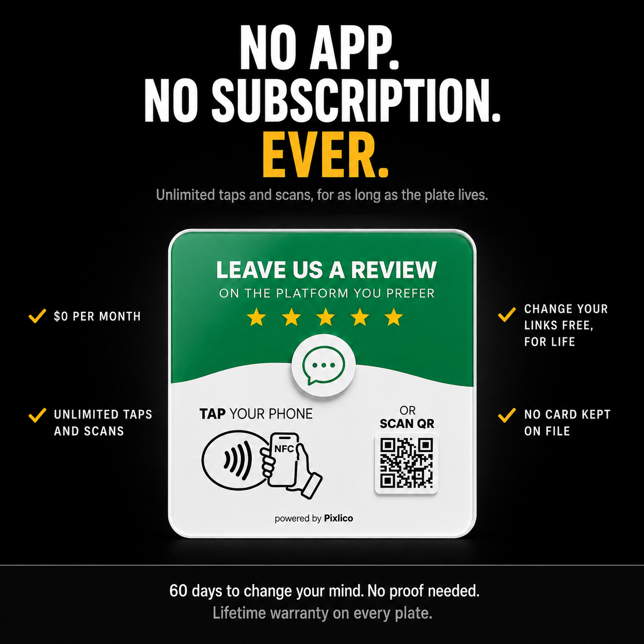 No app, no subscription ever — unlimited taps, free link changes for life