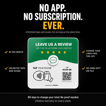 No app, no subscription ever — unlimited taps, free link changes for life