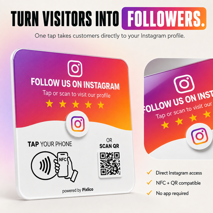 Pixlico NFC Instagram plate that turns visitors into followers with one tap or QR scan