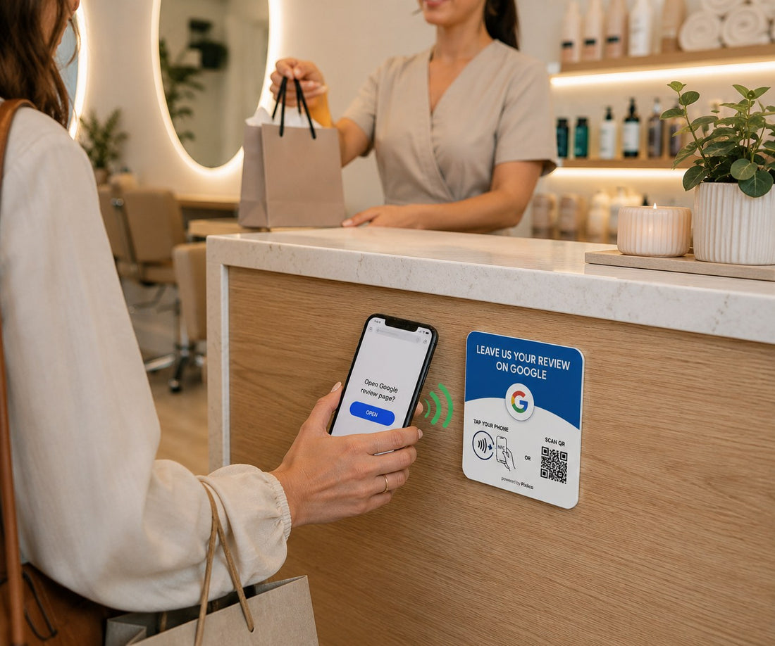 Customer tapping a phone on the Pixlico Google review plate at a beauty salon counter