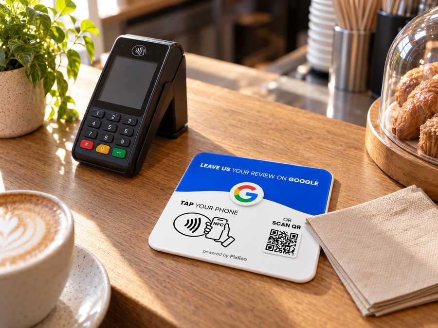 Pixlico review plate lying flat on a counter, barely visible to a customer