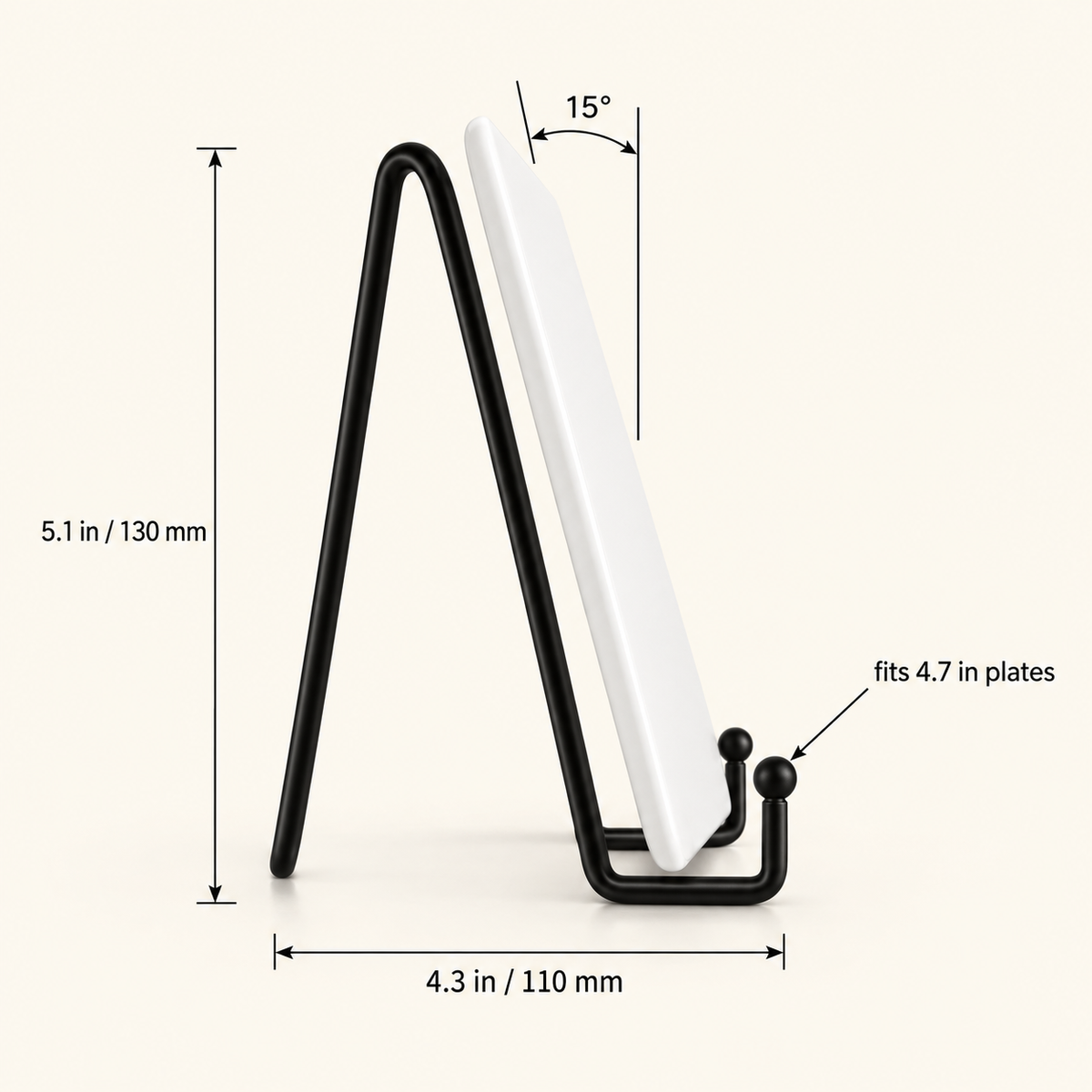 Pixlico Plate Stand dimensions: 4.3 in wide, 5.1 in tall, 15 degree display angle, fits 4.7 in plates