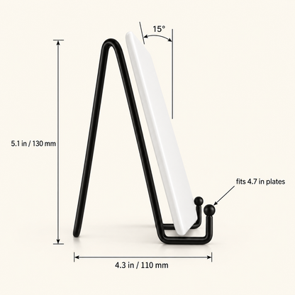 Pixlico Plate Stand dimensions: 4.3 in wide, 5.1 in tall, 15 degree display angle, fits 4.7 in plates