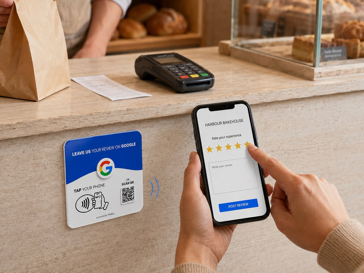 A customer rating a bakery five stars on their phone beside a Pixlico NFC review plate