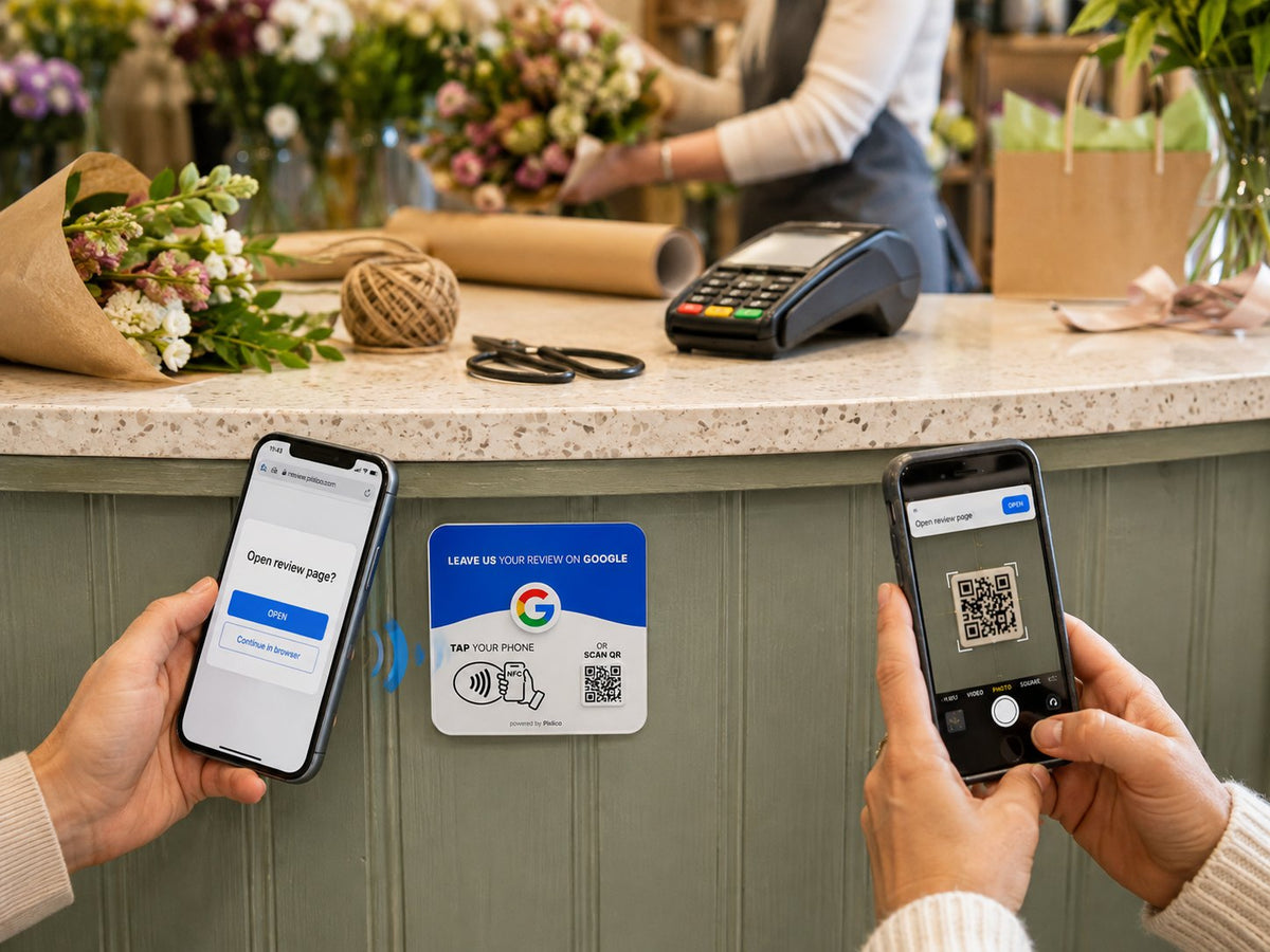 Two phones at a florist counter, one tapping the Pixlico plate over NFC and one scanning its QR code