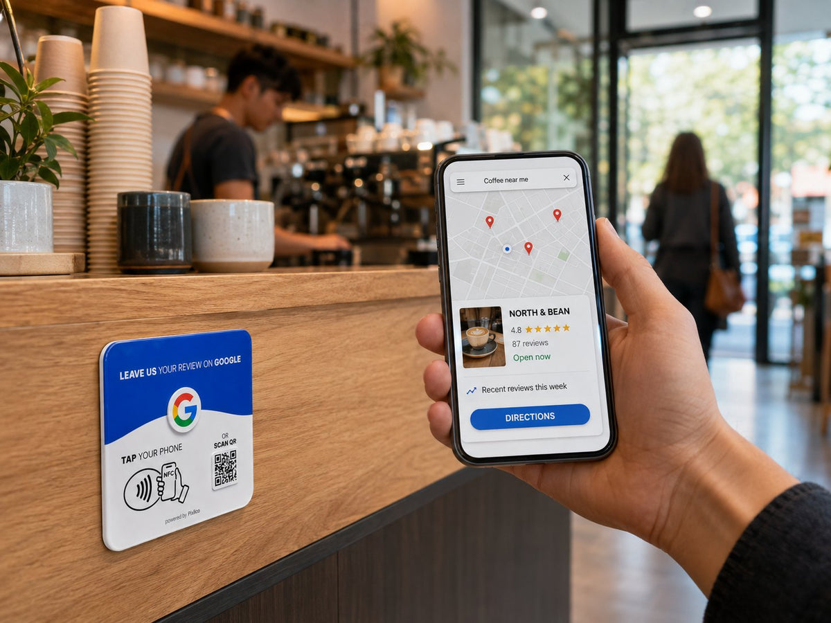 A customer checking a coffee shop on Google Maps next to a Pixlico NFC review plate on the counter