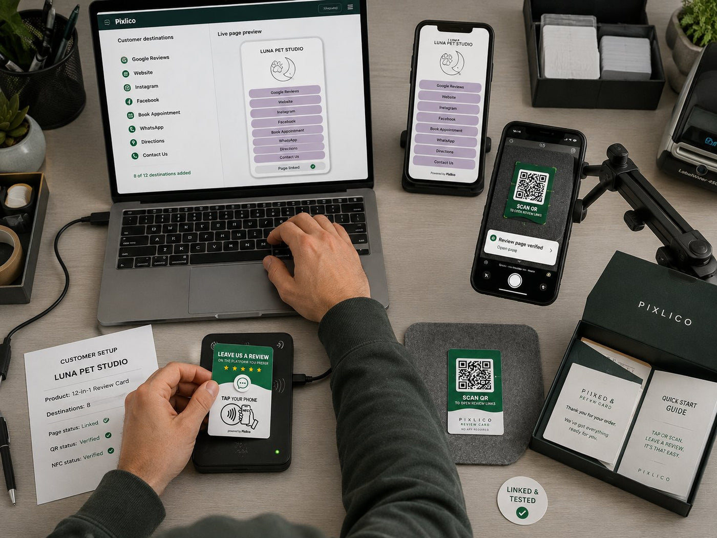 Pixlico team building a customer 12-in-1 page and linking the 12-in-1 card before shipping