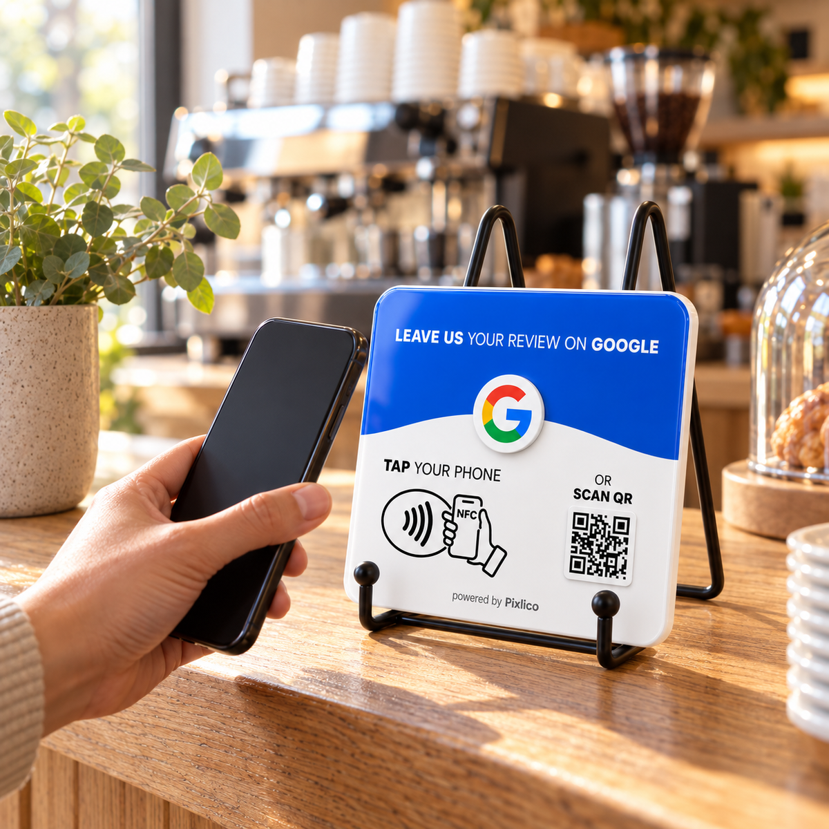 Customer tapping a phone on a Google review plate held upright by the stand on a cafe counter