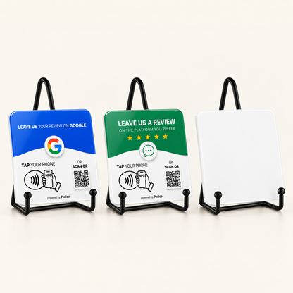 Three Pixlico plate stands holding a Google review plate, a 12-in-1 smart plate and a blank custom plate
